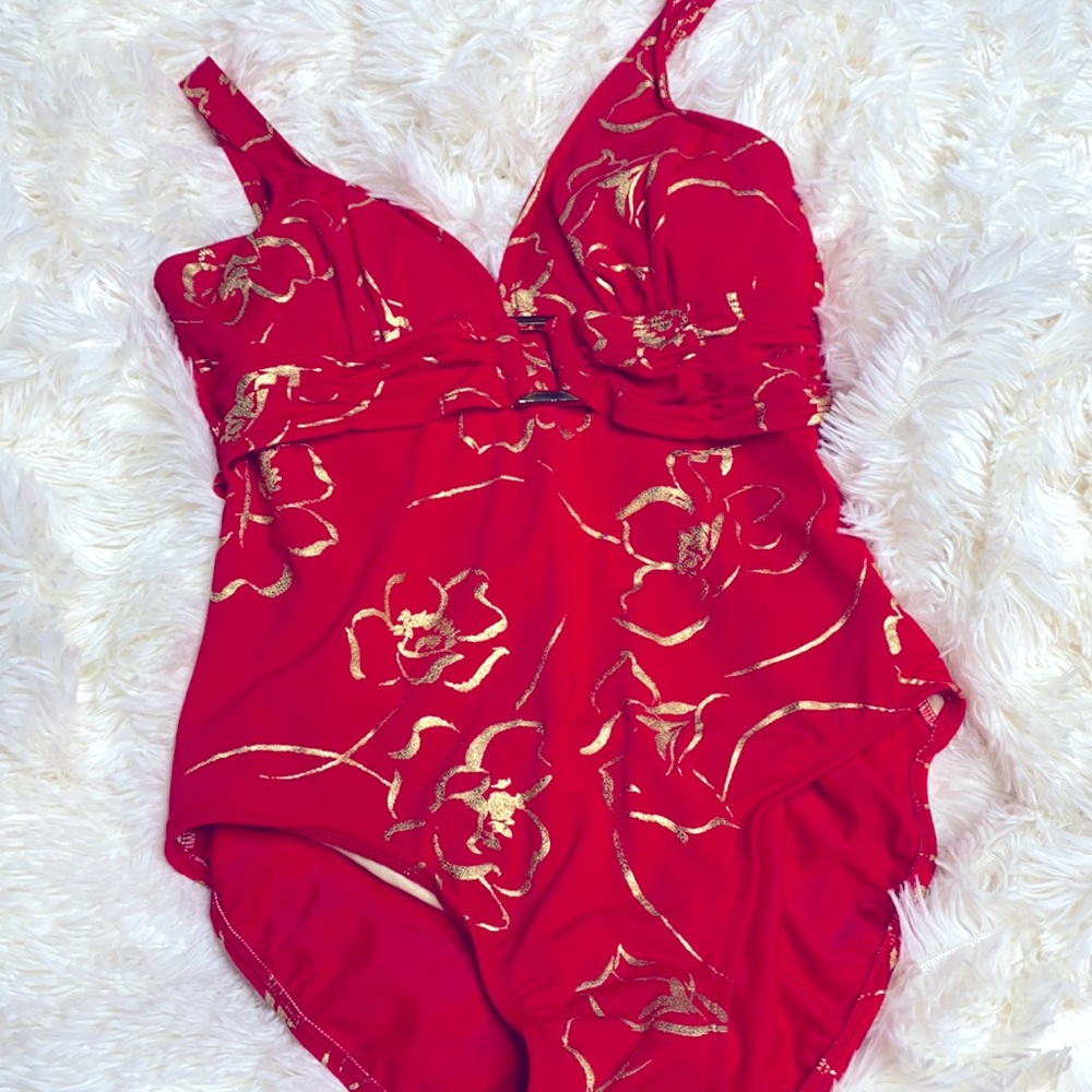 Baltex Red & Gold One Piece Bathing Swim Suit Size 12